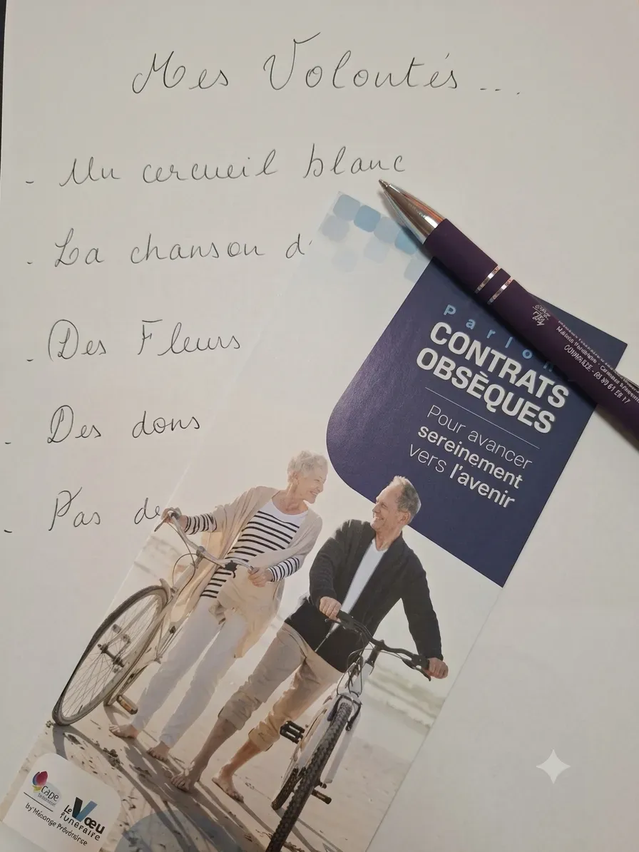 Feuille de volontés manuscrite et brochure de contrat obsèques avec un stylo posé dessus.