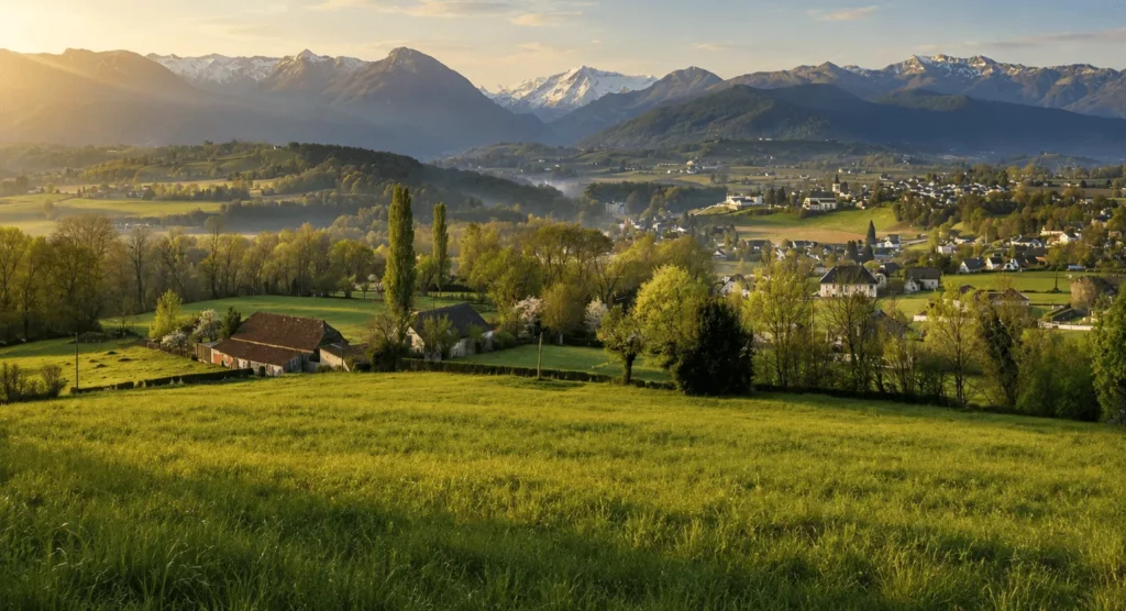 Paysage verdoyant avec village et chaîne de montagnes enneigées au soleil.