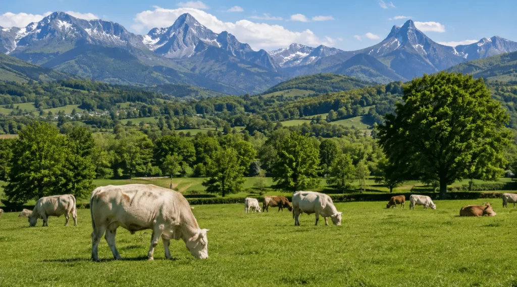 Troupeau de vaches paissant dans un champ vert devant un panorama montagneux.