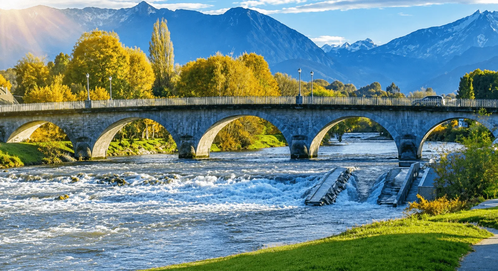 Pont en pierre à arches au-dessus d'une rivière avec montagnes enneigées en arrière-plan.